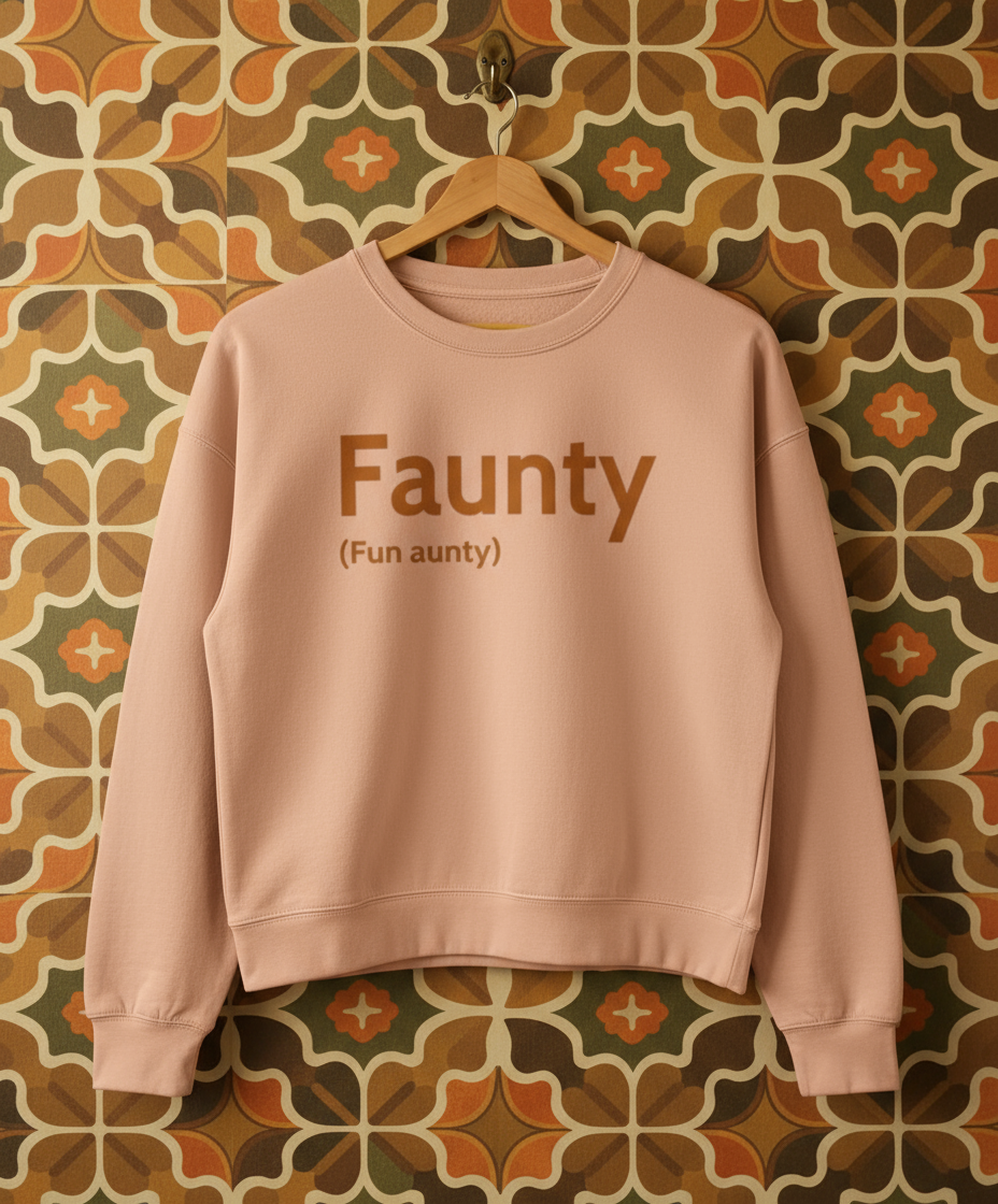 Pink sweatshirt with 'Faunty (Fun aunty)' text on a patterned wall background