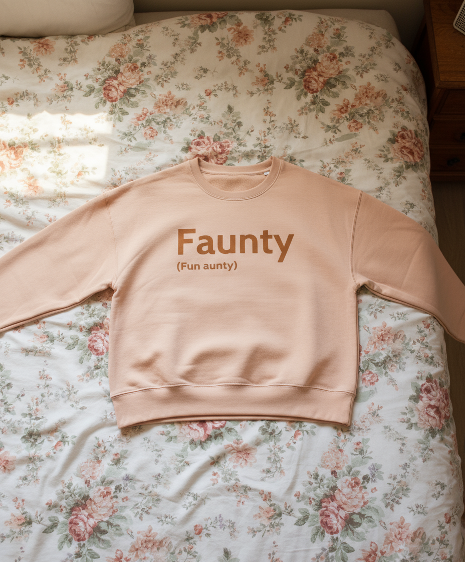 Beige sweatshirt with 'Faunty' text on a floral bedspread