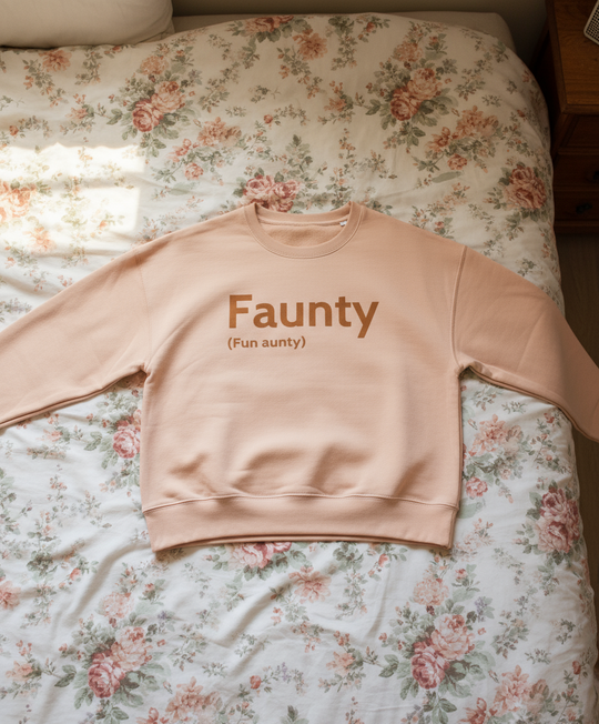 Beige sweatshirt with 'Faunty' text on a floral bedspread