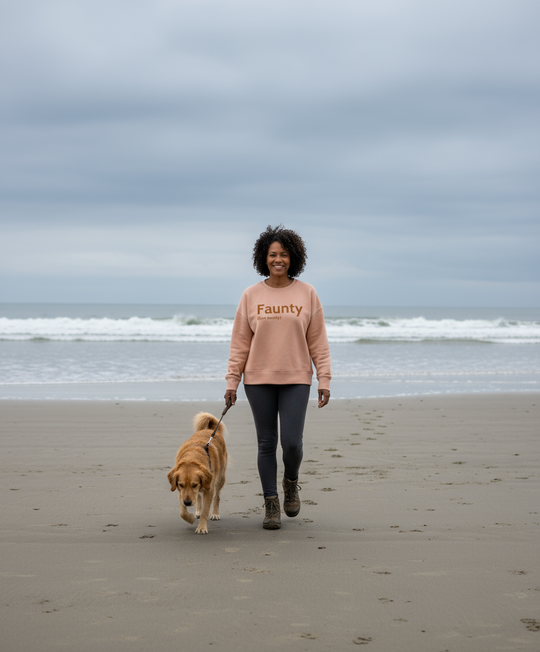 Woman walking a dog on a beach with a cloudy sky
