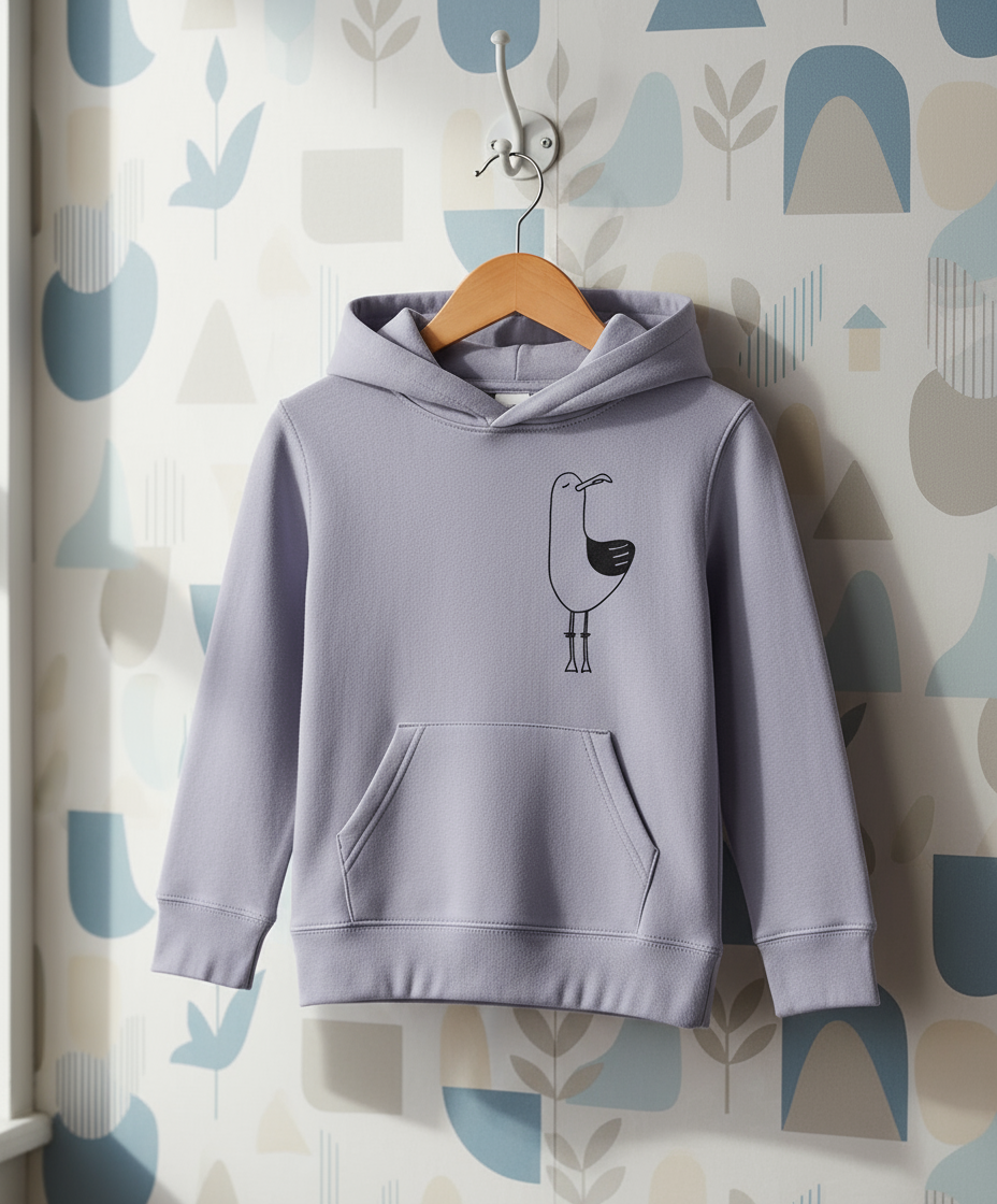 Light purple hoodie with a bird design on a wooden hanger against a patterned wall.