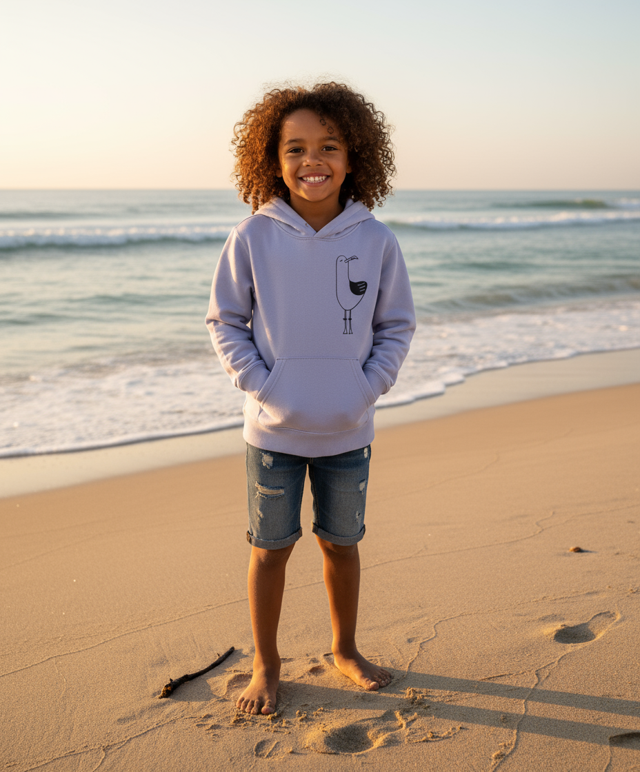 Child wearing a hoodie with a graphic design on a beach