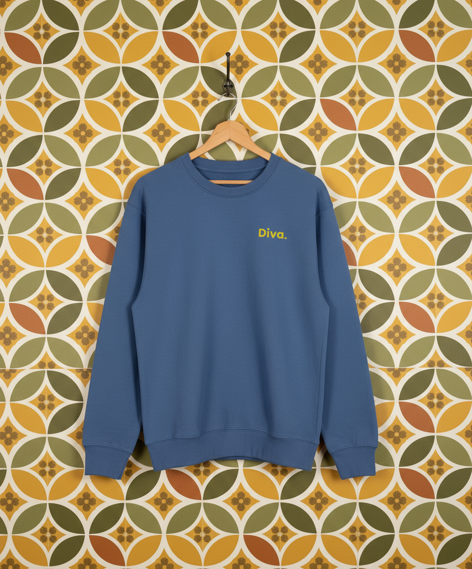 Blue sweatshirt with 'Diva' text on a hanger against a patterned wall.