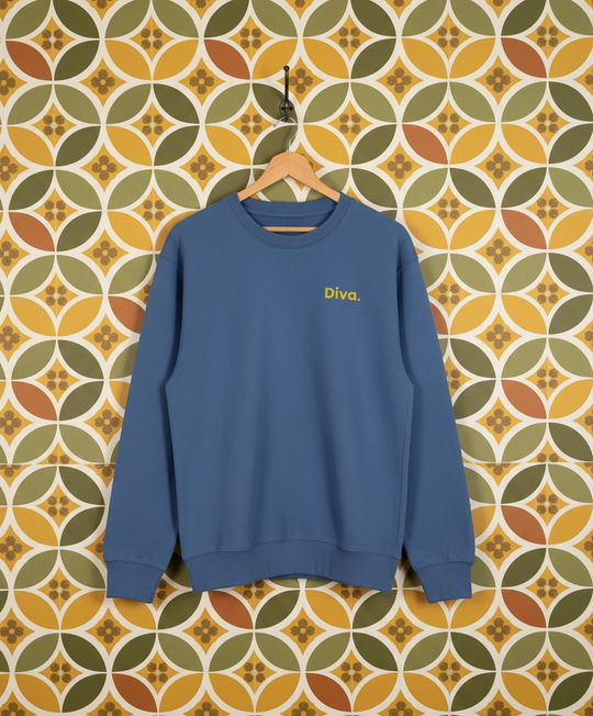 Blue sweatshirt with 'Diva' text on a hanger against a patterned wall.