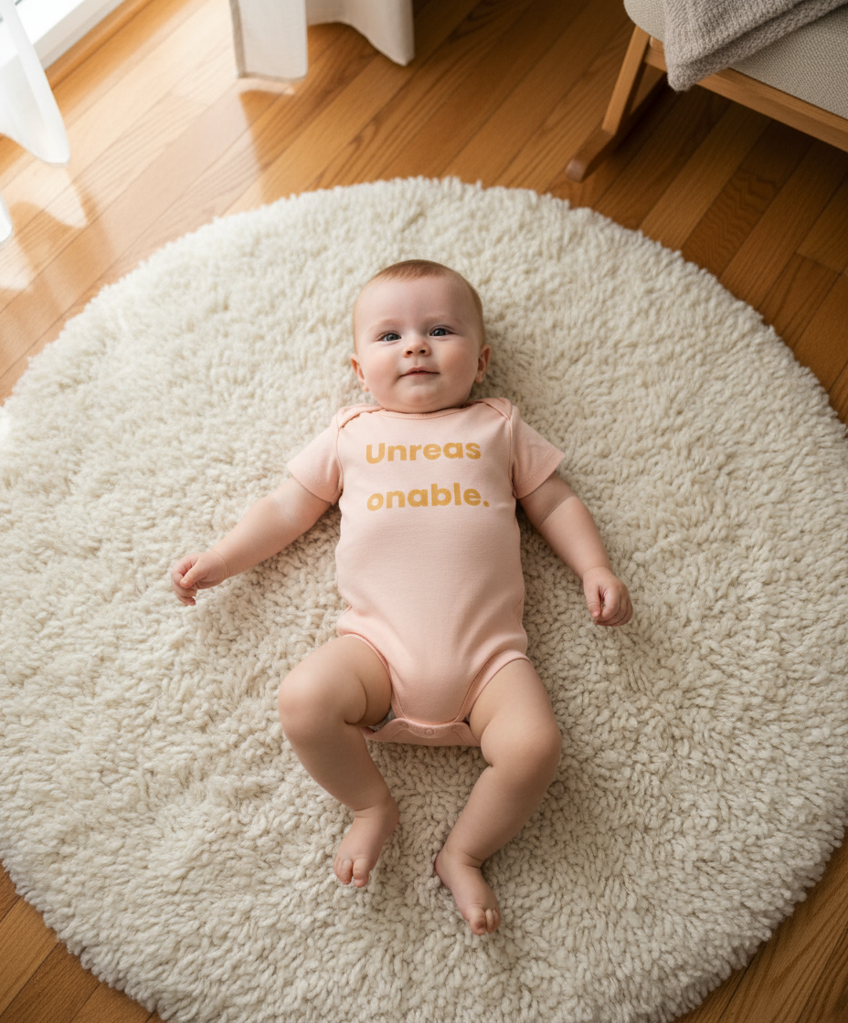 Baby in a pink onesie lying on a fluffy white rug