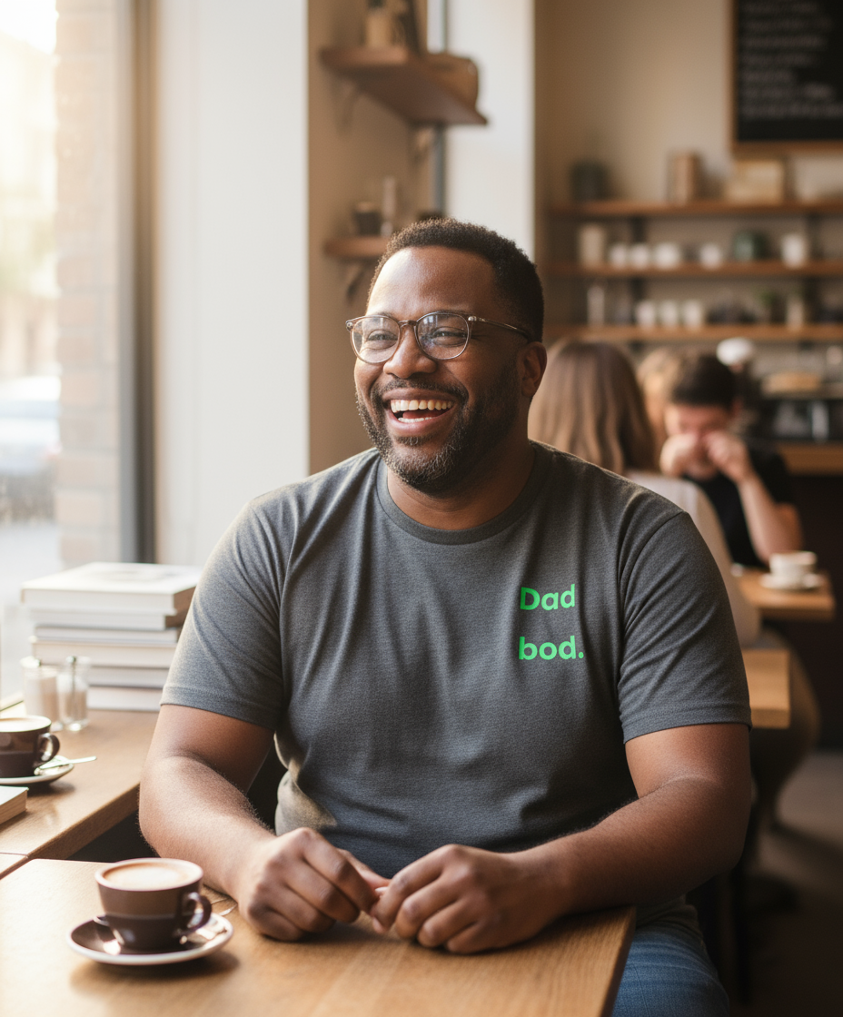 Man sitting at a table in a cafe wearing a t-shirt with text, smiling.