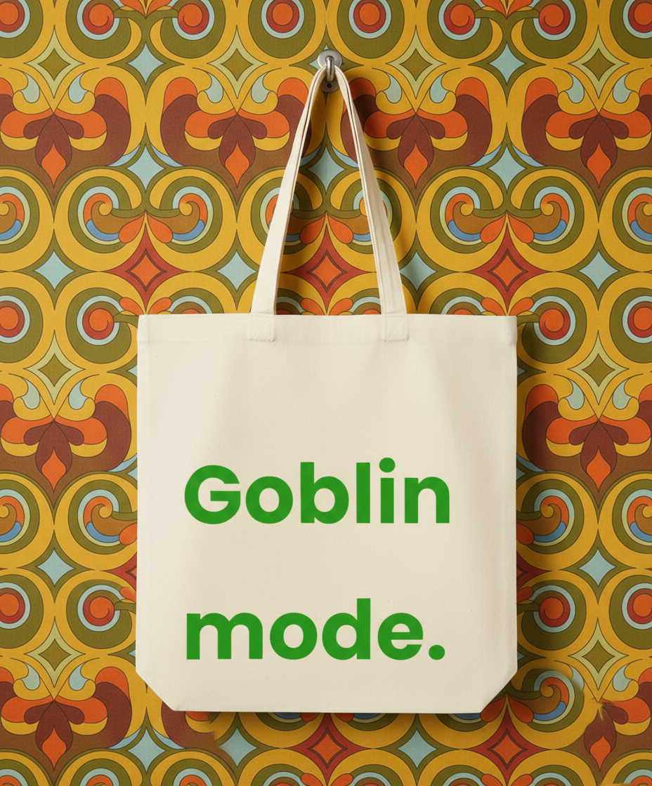 Tote bag with 'Goblin mode.' text on a colorful patterned background