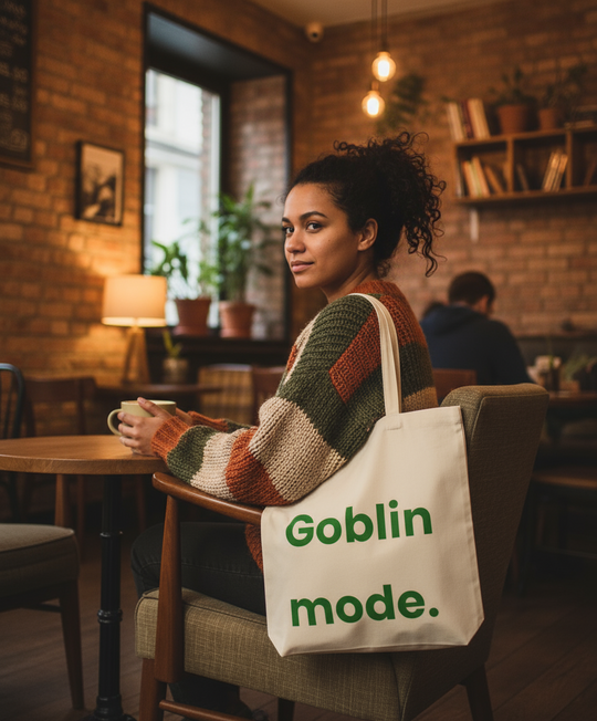 Woman sitting in a cozy café with a tote bag labeled 'goblin mode'.
