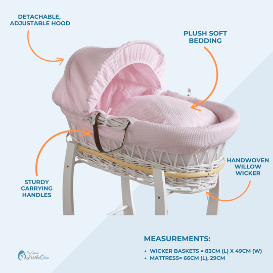 Grey Waffle White Wicker Baby Moses Basket With Stand