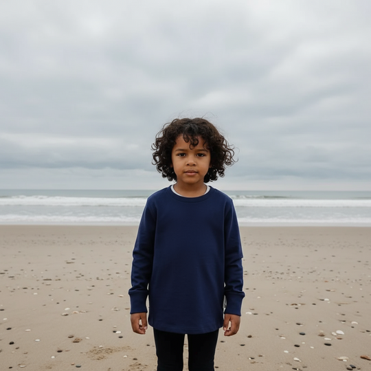 Navy blue long-sleeve shirt on a light blue background