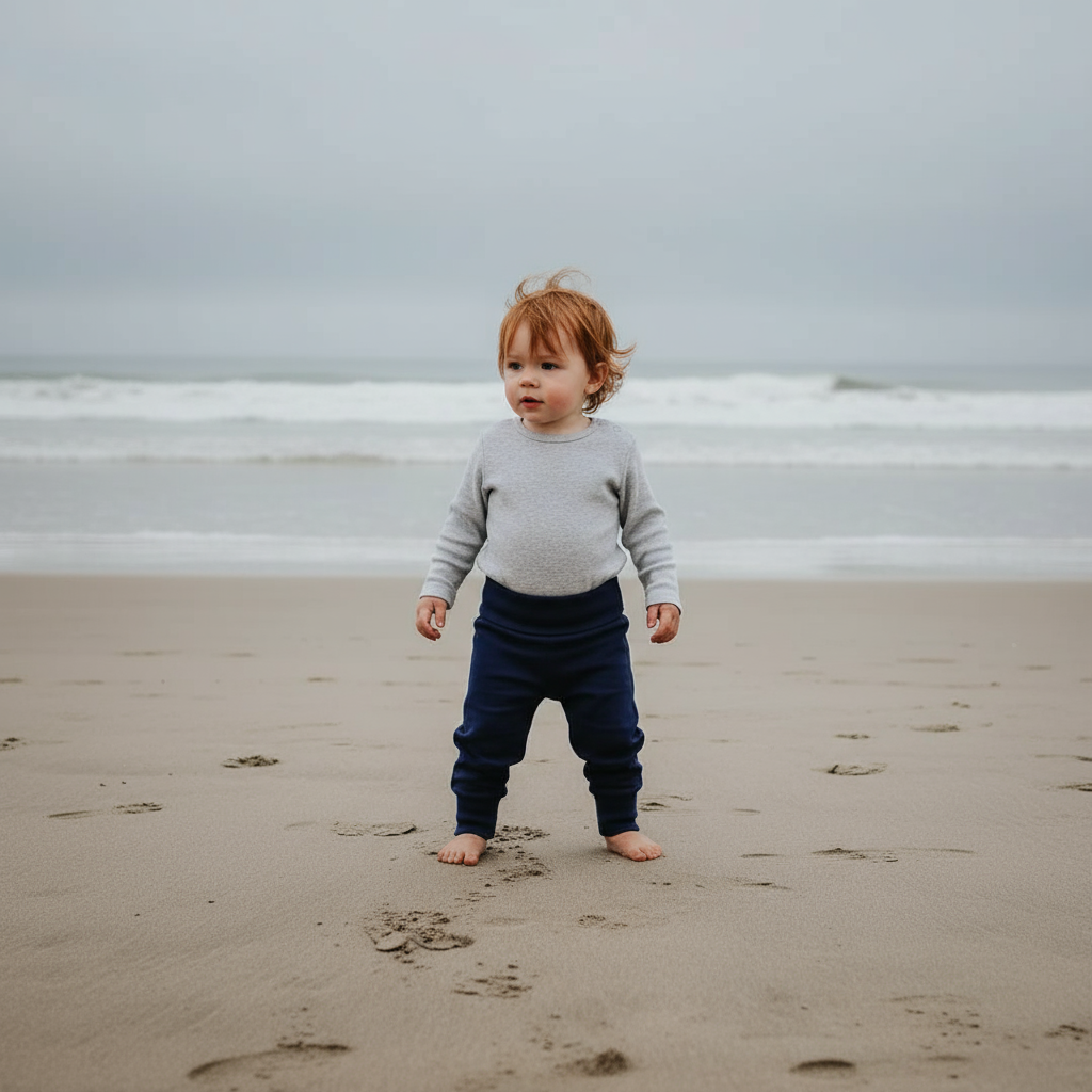 Navy blue baby pants on a light purple background