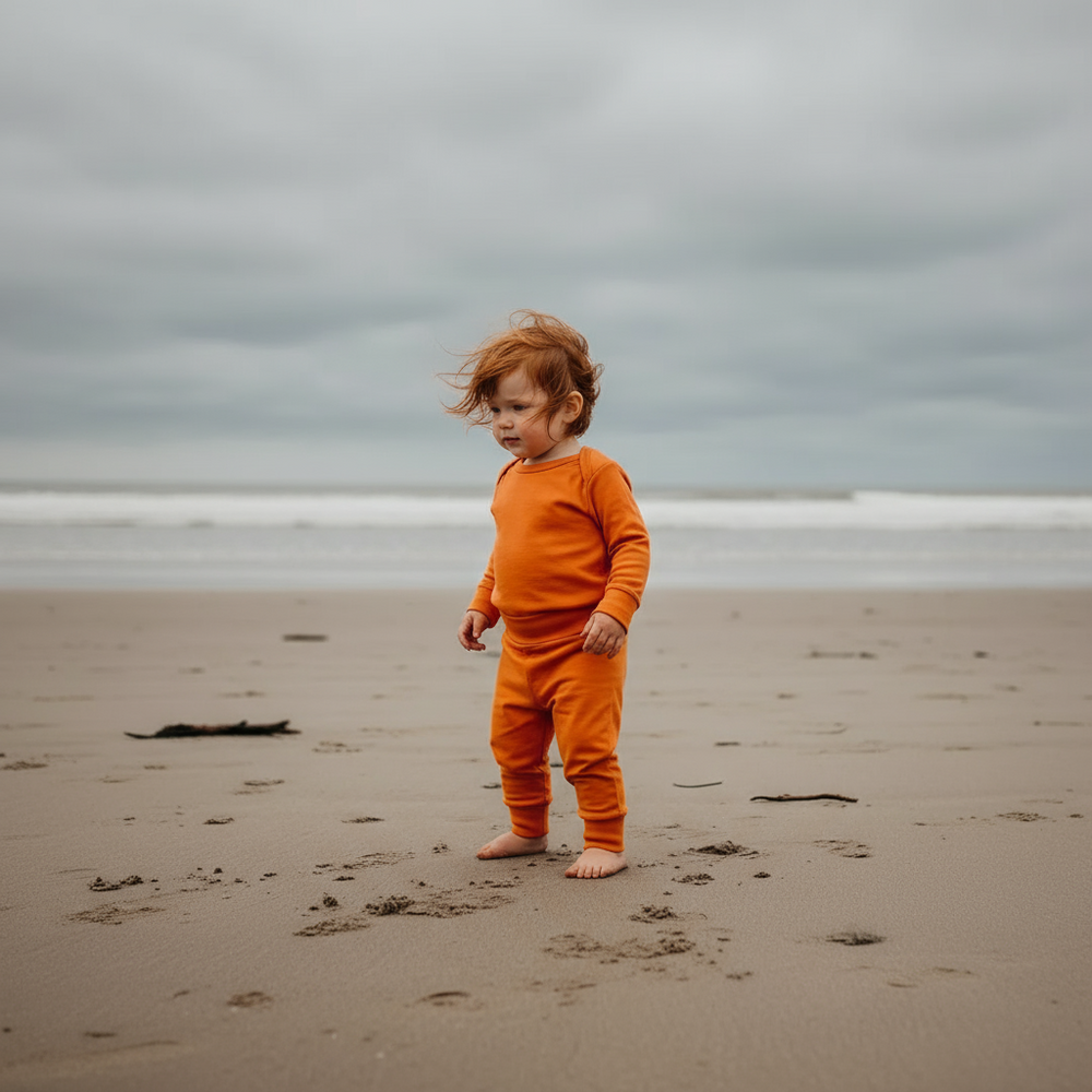 Orange baby pants on a peach background