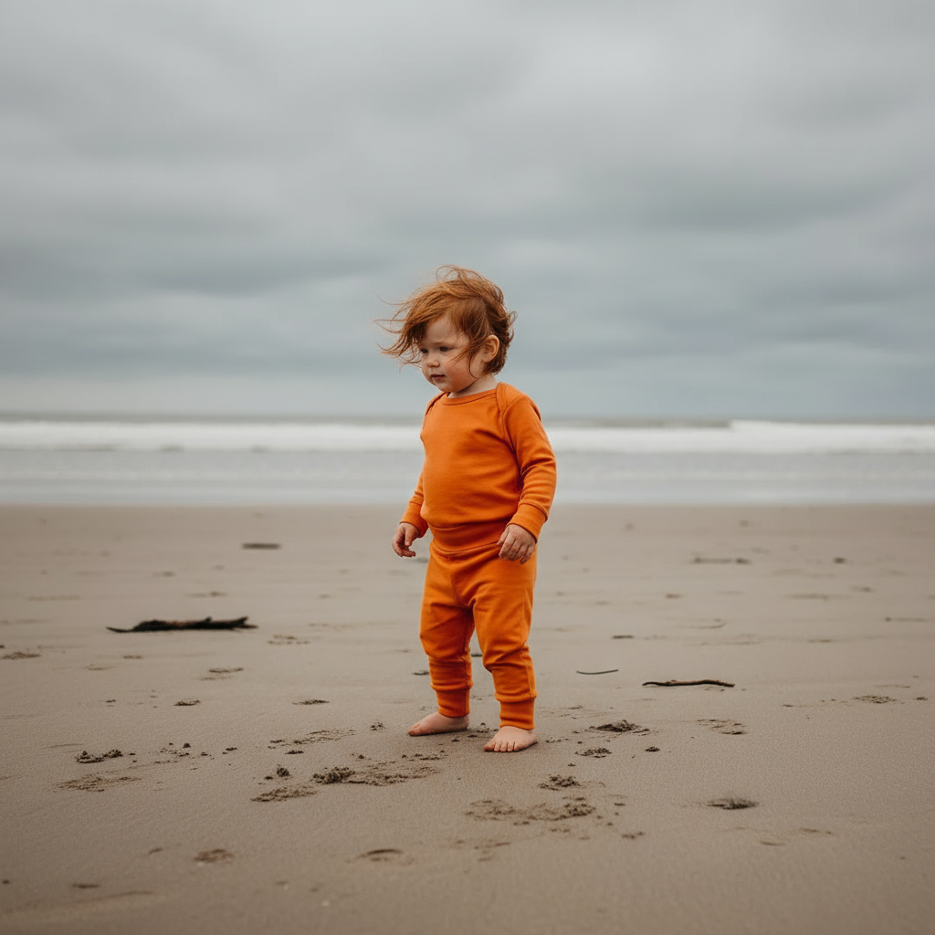 Orange baby pants on a peach background