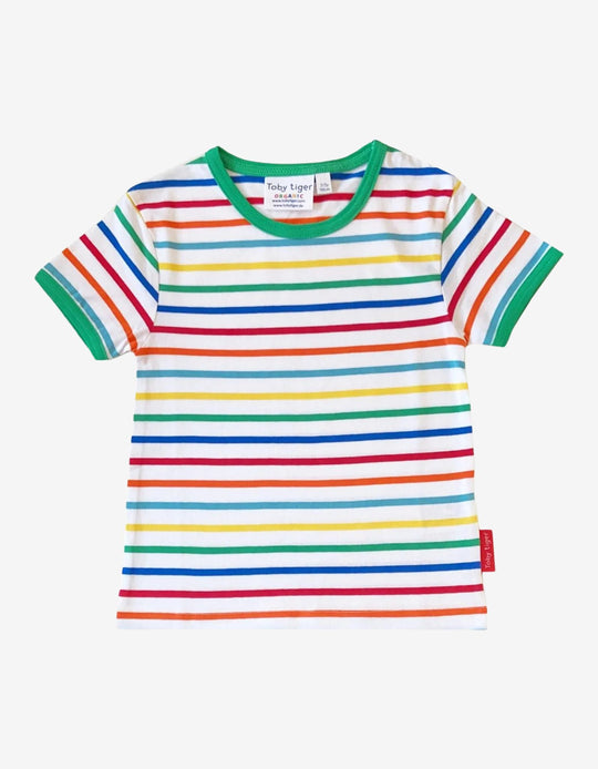 Organic Green Rainbow Stripe Print Short-Sleeved T-Shirt