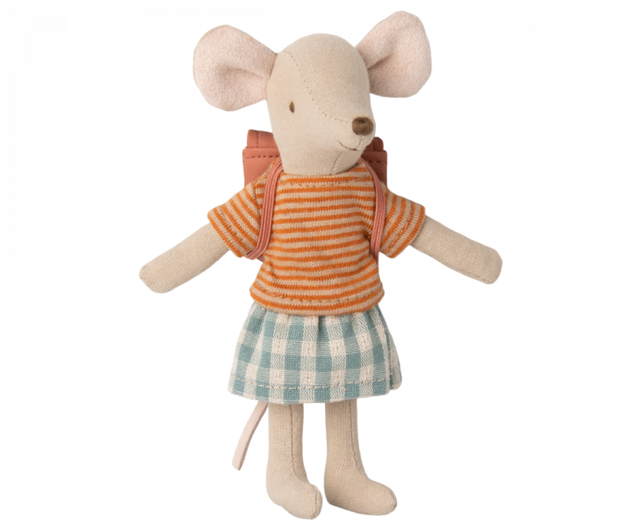 Maileg | Little Sibling Mouse in Skirt & Backpack - Old Rose