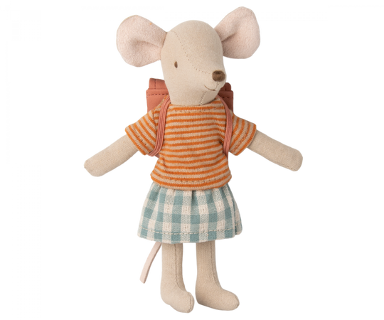 Maileg | Little Sibling Mouse in Skirt & Backpack - Old Rose
