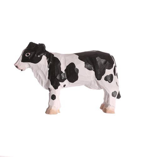 Hand Carved Wooden Animal | Black & White Cow - Moo Like a Monkey